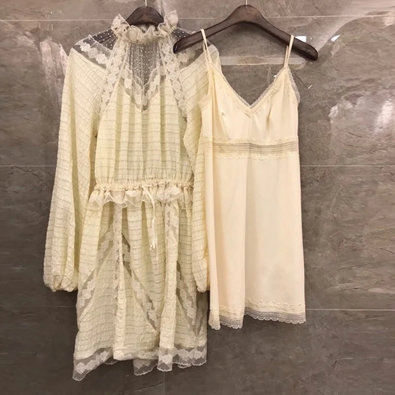 High Quality Cotton Dress Autumn Sexy Party Club Dresses Women Ruffled Collar Sexy Sheer Mesh Patchwork Long Sleeve Dress