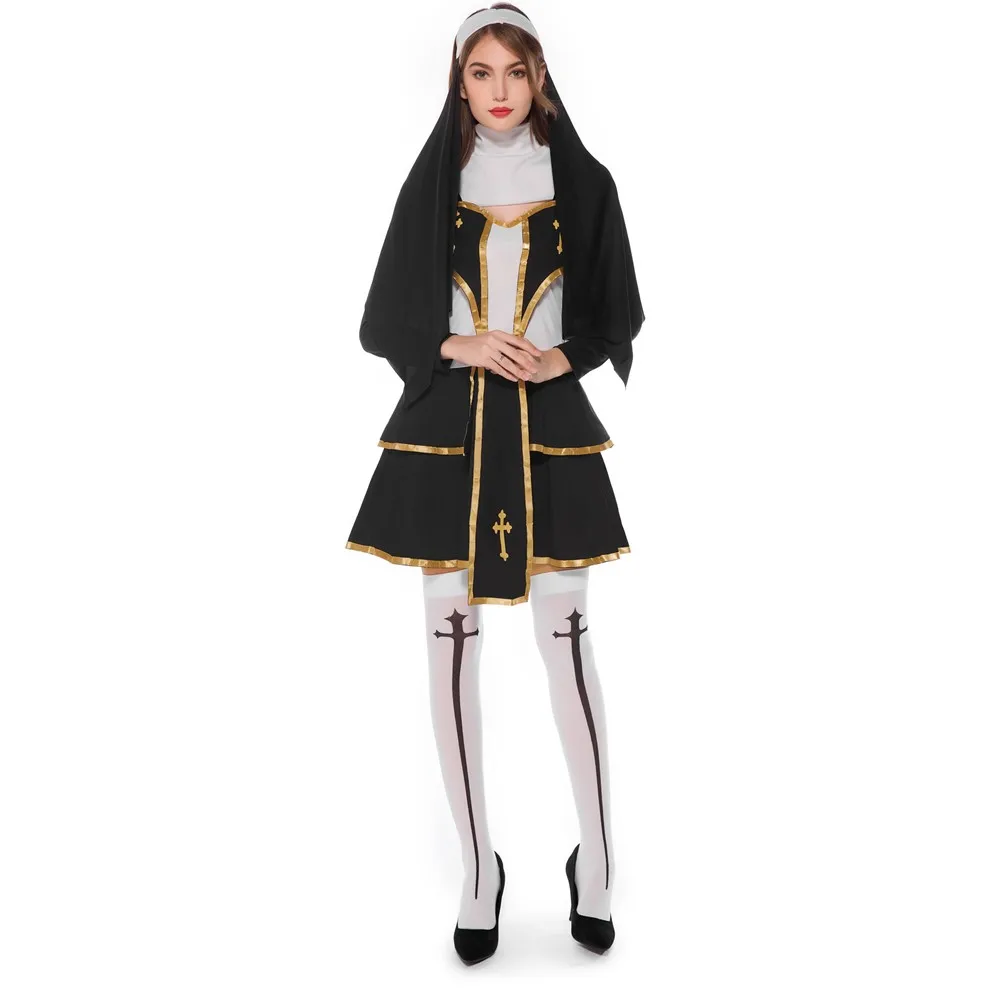 Сексуальная плохой привычка Nun Sister Косплей Костюм Хэллоуин экзотическая церковная поза, девичья вечеринка, нарядное платье