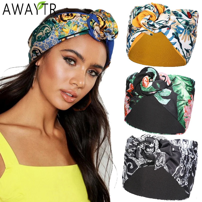 AWAYTR torsion bandeau en métal écharpe fil bandeau Boho imprime ruban Scrunchie fleur Bandana Turban enveloppement femmes cheveux accessoires