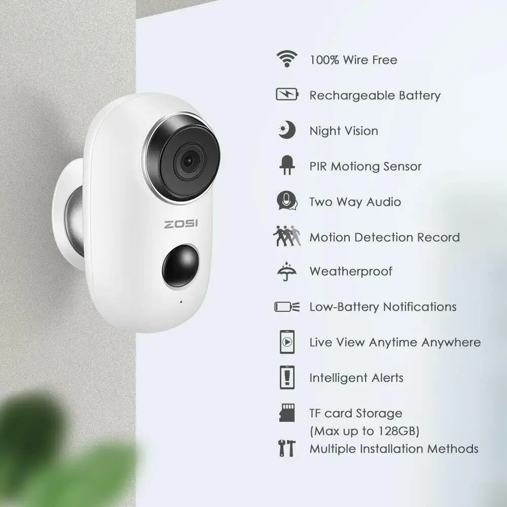Беспроводная ip камера ZOSI с питанием от аккумулятора Wi Fi 1080P Full HD IP65 для