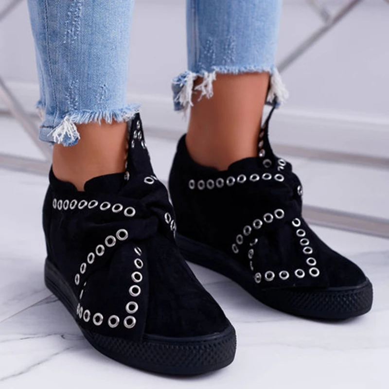 Casual Flat Plus Size Women Sneakers Ladies Suede Bow Tie Slip On Vulcanized Shoes Female Increase in Flats Footwear - Цвет: black