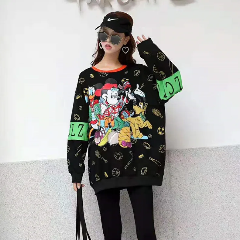 

2019 Fall New Design Cartoon Pattern Long Pullovers Women Plus Size Loose Black Sweatshirt Street Wear Long Sleeve Tops