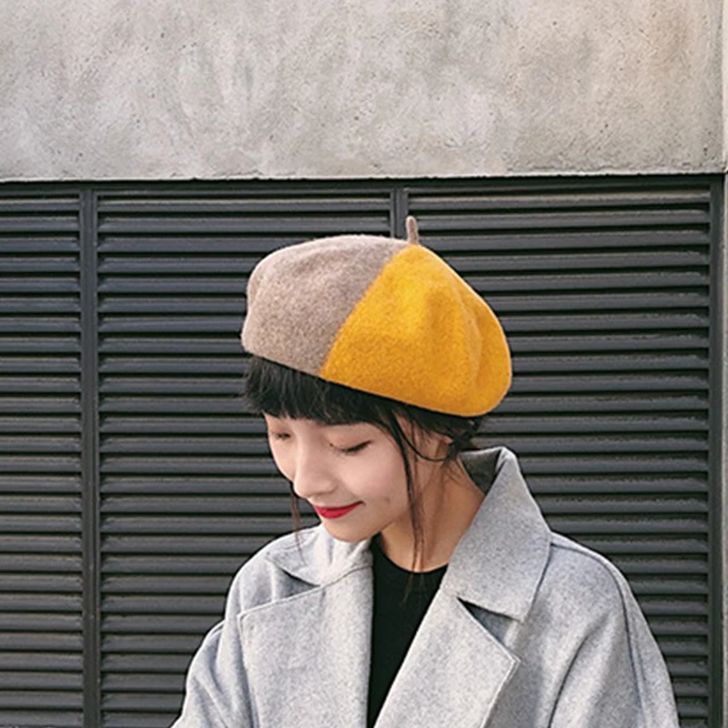 

Fashion Vintage Women Wool Color matching Beret Female Bonnet Cap Winter Warm Walking Hat French Artist Beanie Hat Painter Hat