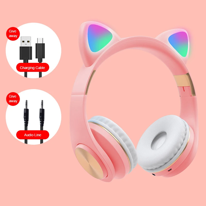 Kids Bluetooth 5 0 Headphones LED Light Cat Ears Headset Wireless Headset HIFI Stereo Bass Headphone For Phones With Microphone