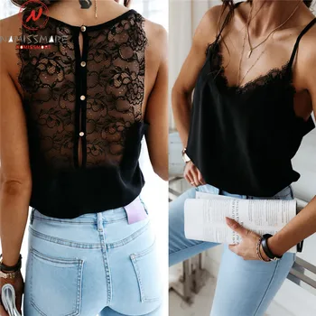 

Sexy Women Summer Camis Top Hollow Out Design Lace Button Decor See Through Sling Sleeveless Backless Solid Slim Pullovers Top
