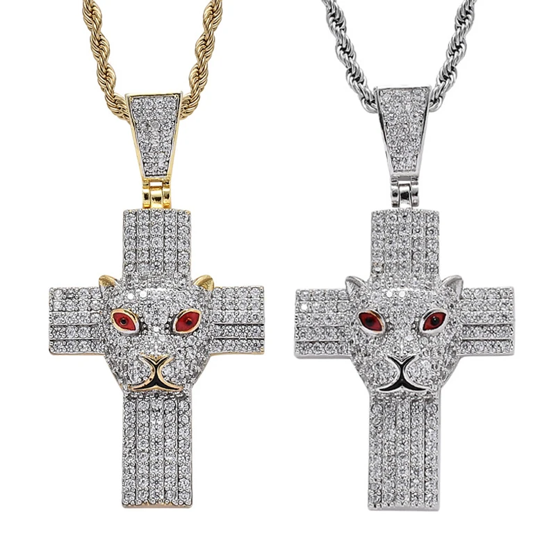 

Hip Hop Micro Paved Cubic Zirconia Bling Ice Out Leopard Cross Pendants Necklace for Men Rapper Jewelry Gold Silver Color