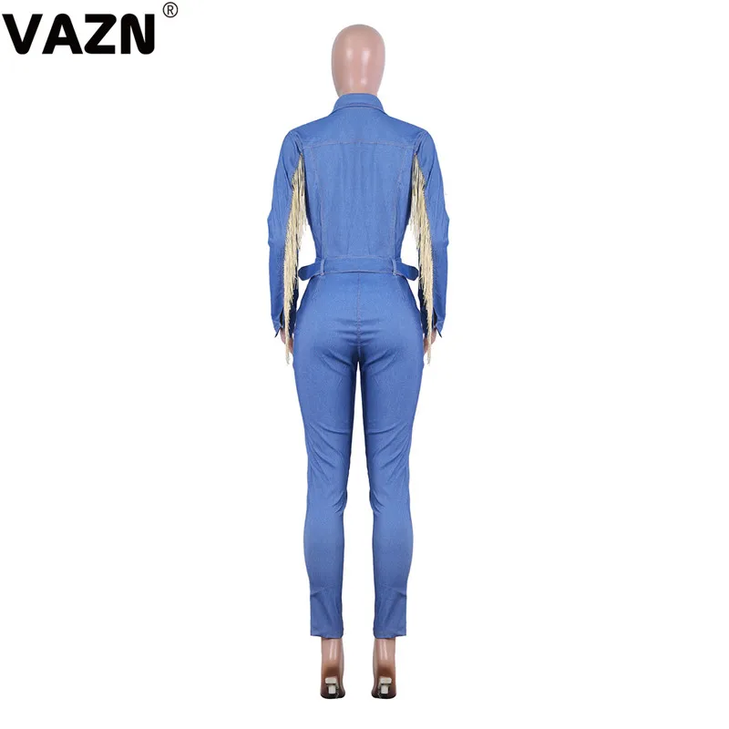 VAZN NK060 с отложным воротником джинсовые новые спортивные костюмы комбинезоны с длинным рукавом облегающие длинные рукава женские бандажные длинные узкие комбинезоны
