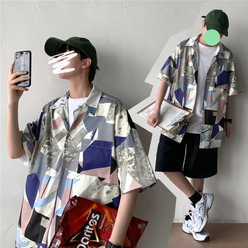 

Summer Dress Shirt Men's Fashion Geometric Printed Casual Shirts Mens Streetwear Wild Loose Short Sleeve Shirt Men M-5XL