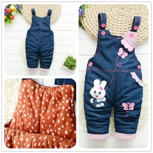 Зимние штаны на лямках для девочек новые детские хлопковые плотные джинсовые брюки с героями мультфильмов детские теплые комбинезоны, одежда для маленьких девочек, милая одежда