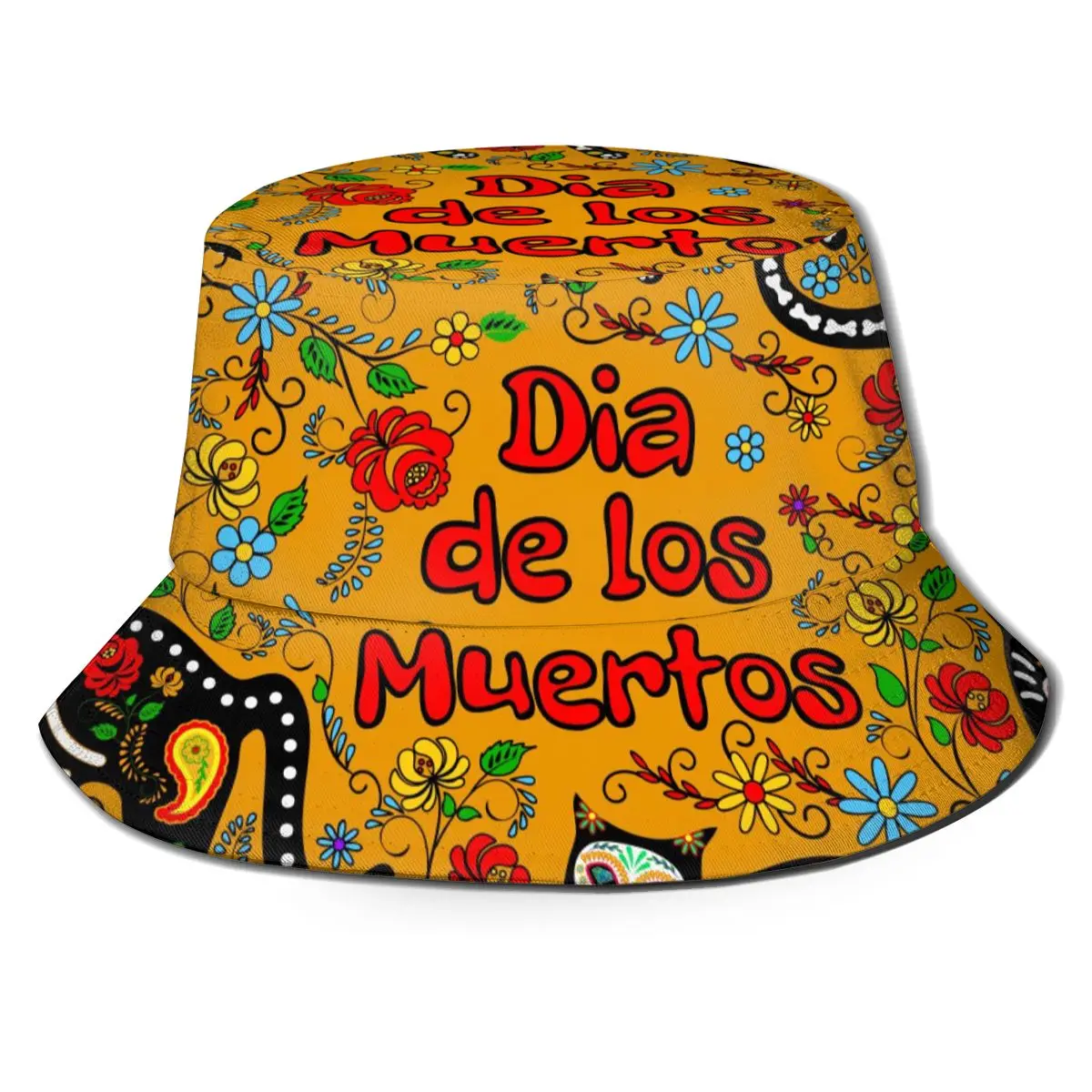 Messico Skull Black Cats On Yellow Bucket Hat Bob Fisherman Hat Outdoor Travel Parasole Fashion Panama
