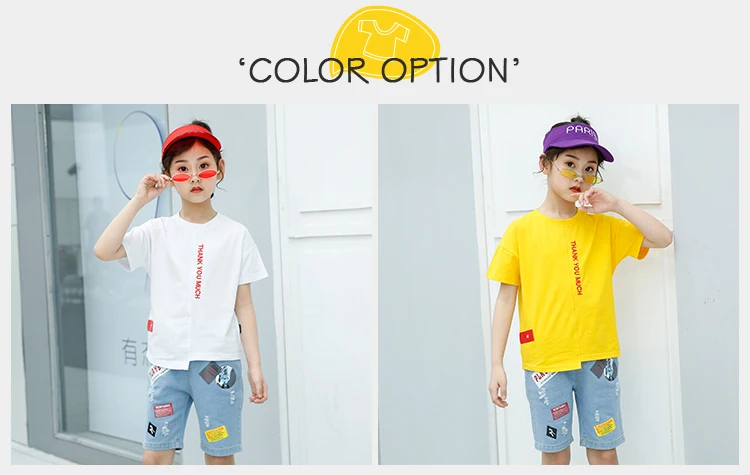 Street Style Children Kids Summer Outfits Fashion Letter Girls Yellow Children's Cloth Clothing T Shirt Jeans Pants Clothes Set