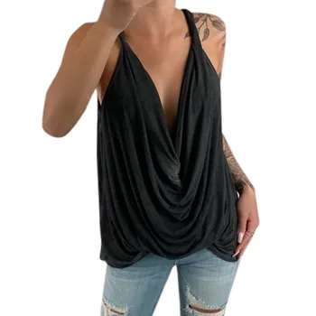 

Women Deep V-Neck Strap Tank Tops Wrap Ruffle Pleated Summer Beach Tops -MX8