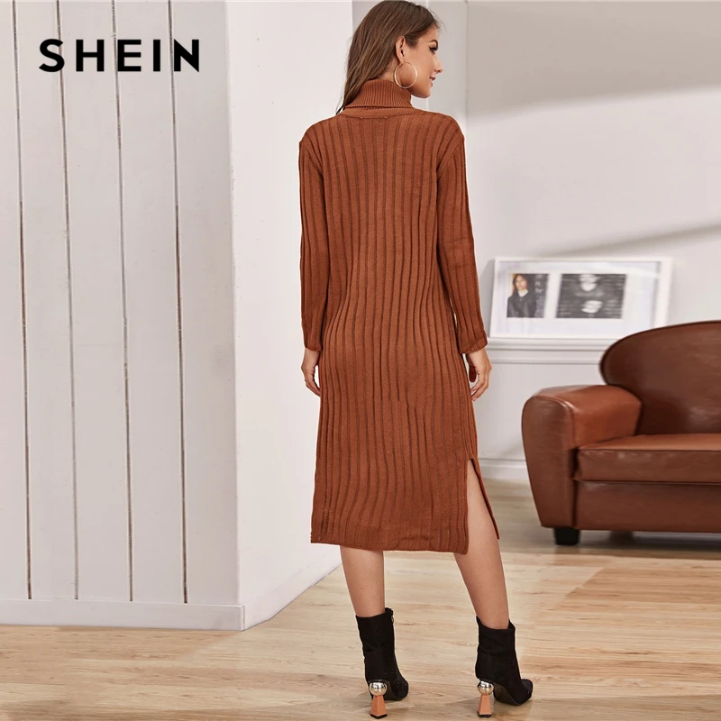 SHEIN Женское зимнее платье-свитер без пояса с длинным рукавом, с воротником-воронкой, с разрезом, миди, повседневные платья