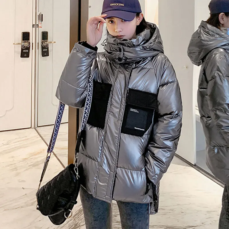 

Stand Collar Shiny Women's Winter Long Jacket Korean Style Patchworka Female Cold Coat Thick Loose Cotton Padded Glossy Parkas