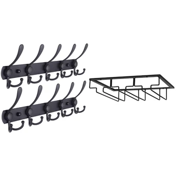 

Coat Rack Wall Mounted - 5 Tri Hooks(Black, 2 Packs) with Wine Glass Rack, Under Cabinet Wall Rack, Kitchen,Black