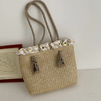 

Women Summer Elegant Handmade Portable Straw Tote Solid Color Beach Shoulder Bag Casual Purse with Plaid Ruffle Trim for Girls