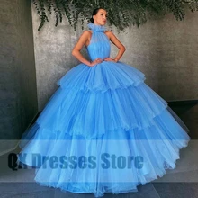 Céu azul feminino halter tule vestidos de baile sem mangas em camadas babados noite vestido de festa formal plissado vestido de noite feito sob encomenda