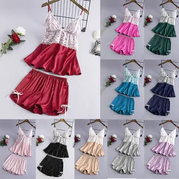 

Summer Pajama Women Satin Lace V-Neck Camisole Bowknot Shorts Set Sleepwear pyjamas women Lingerie pajamas sleepwear пижама