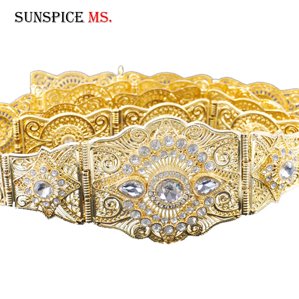 SUNSPICE-MS, марокканский женский ремень, металлическая цепочка на талию, кристалл, золотой цвет, ювелирное изделие, этнический свадебный пояс, регулируемая длина