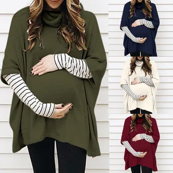 

Winter Women Clothes Pregnant High Collar Long Sleeve Patchwork Striped Tops Pullover Blouse Props Embarazada Plus Size S-3XL