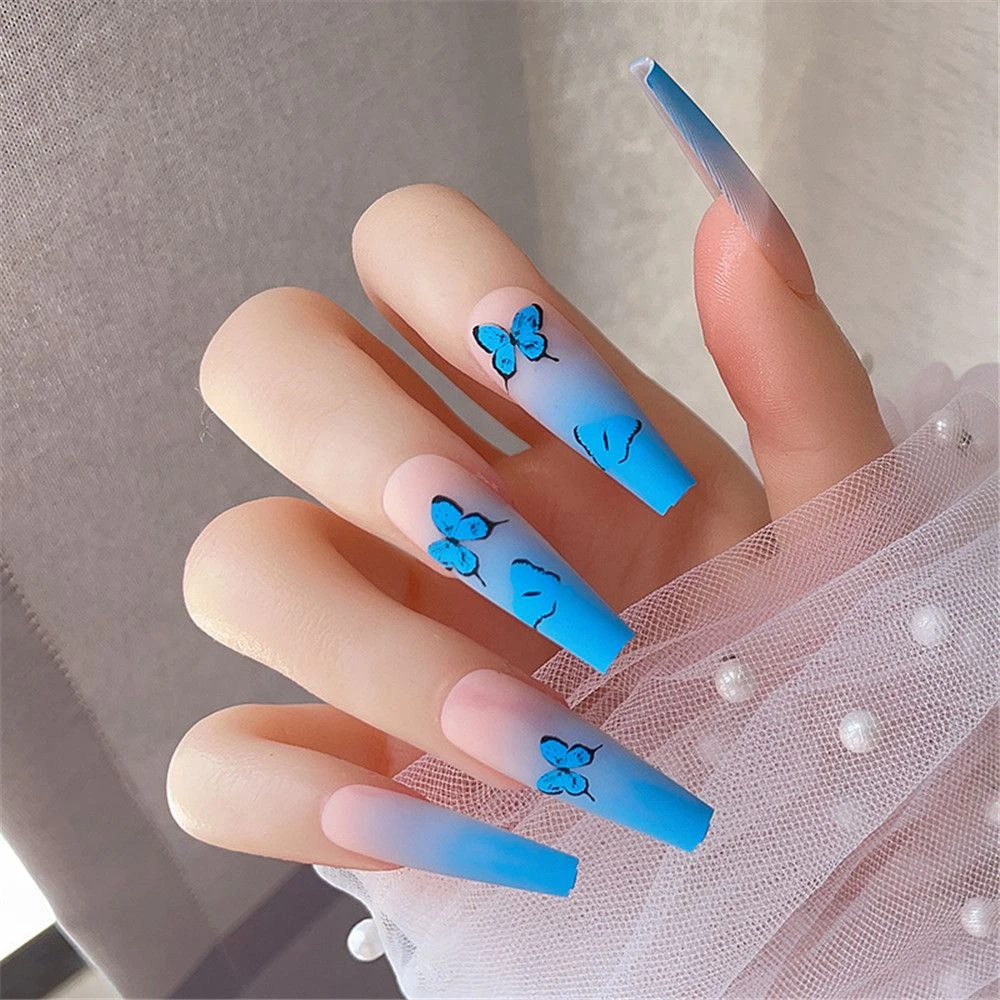 Uñas postizas artificiales mate esmeriladas, 24 piezas, mariposa azul,  ataúd de Ballet, uñas degradadas Flase, moda|Uñas postizas| - AliExpress