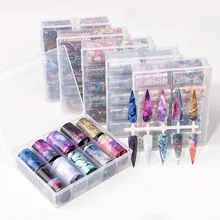 1 коробка Голографическая фольга на ногти для маникюра цветок Мрамор Сияющий Galaxy дизайнерские стикеры Звездная клей Sky обертывание