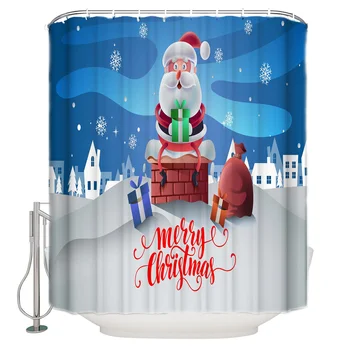 

Shower Curtain Waterproof Polyester With 12 Hooks Cartoon Style Santa Sitting Chimney