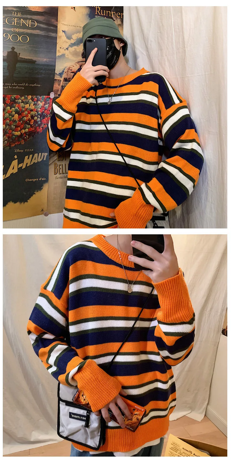 Striped Sweater Men's Warm Fashion Contrast Color Casual O-neck Sweater Pullover Men Knitting Sweaters Male Sweter Clothes M-3XL