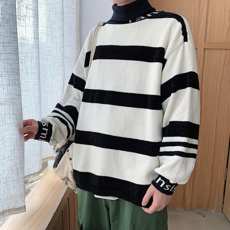Winter New High Collar Sweater Men Fashion Contrast Color Striped Casual Knit Sweater Man Streetwear Wild Loose Warm Sweater Winter New High Collar Sweater Men Fashion Contrast Color Striped Casual Knit Sweater Man Streetwear Wild Loose Warm Sweater