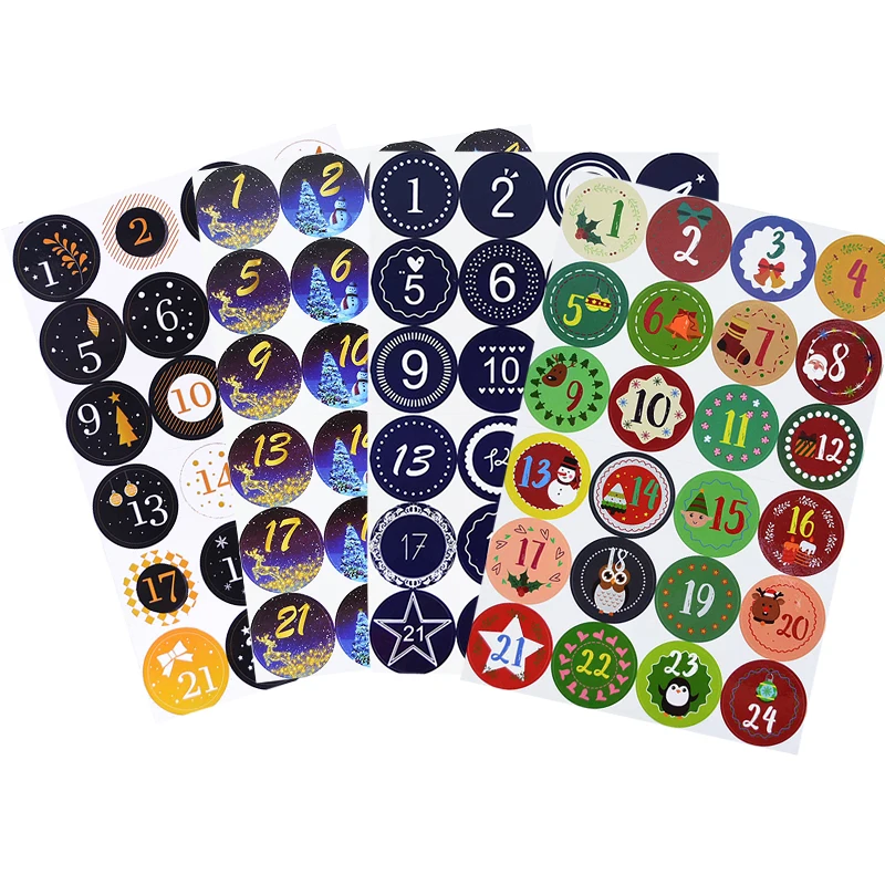 Merry Christmas Advent Calendar Number Paper Stickers 24Pcs 4.5cm DIY Scrapbooking Round Christmas Gift Sticker Label Xmas Decor,christmas advent calendar,christmas paper stickers