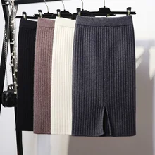 Для женщин разрез сзади облегающее элегантное платье миди-юбка-карандаш Осенняя зимняя Повседневное вязаная юбка, юбка-пачка с Высокая Талия юбки, женские Юпи женские юбки