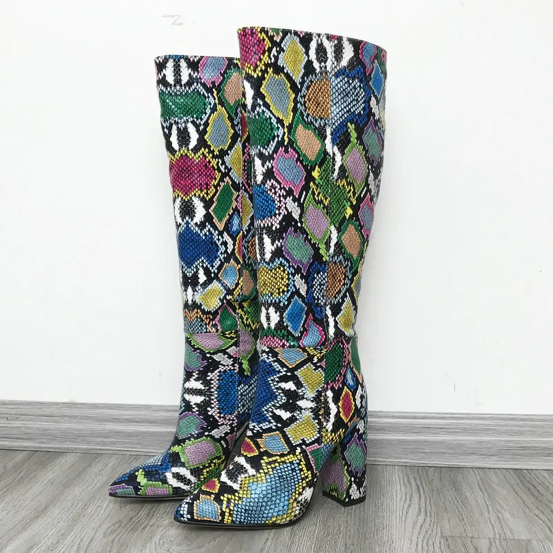 Wide snake print Цветные женские сапоги до колена; сапоги на высоком каблуке; женские сапоги с высоким голенищем на массивном каблуке с острым носком; женские зимние сапоги - Цвет: Wide snake print