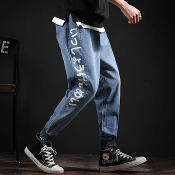 

#2163 Pencil Harem Jeans Men Japanese Streetwear Side Printed Streetwear Jeans For Man Black Blue Casual Mens Jeans Plus Size