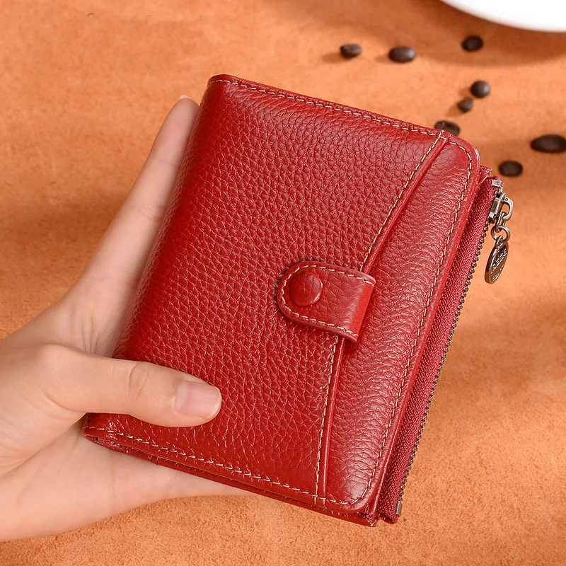 

Women's Zipper Wallet Short Genuine Leather Wallet Two-fold Thin Leather Wallet Korean-style Cowhide Buckle Mini Purse 8003