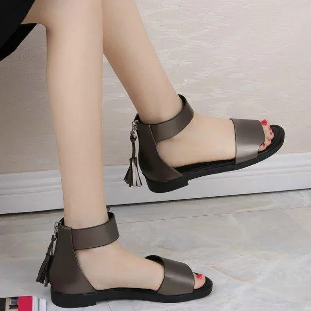 

2018 Spring New Style Solid Color Anti-slip Flat Korean-style WOMEN'S Sandals A- line Tassel Bag with STUDENT'S Shoes 31-39