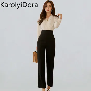 

OL Elegant Office Wear 2 Pieces Set Women V-neck White Shirt And High Waist Wide Leg Long Pants Work Business Suits