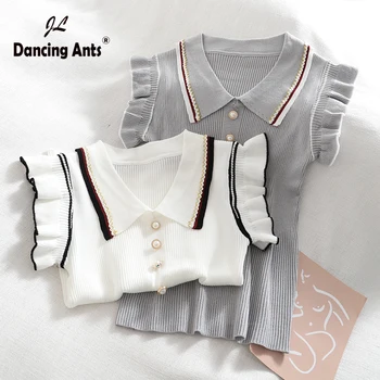 

Tank Top Woman Polo Collar Vest Knitted Top Elegant Sweet Fashion Tee