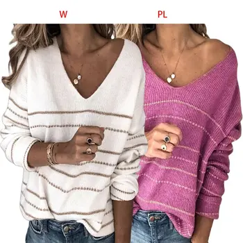 

Fashion Women Long Sleeve Pullover Sweater 2019 Lady Female Casual Autumn V-Neck Golden Striped Print Knit Jumper Tops Knitwear