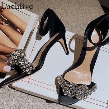 

Crystal One Belt Open Toe Sandals Women Kitten Heels Ladies Shoes Sexy Buckle Starp Outwear Summer Black Shoes Woman