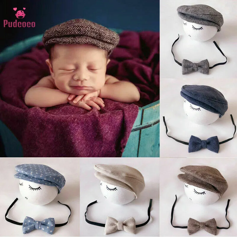 Newborn Baby Hat Beret + Bow Tie Set Photography Props