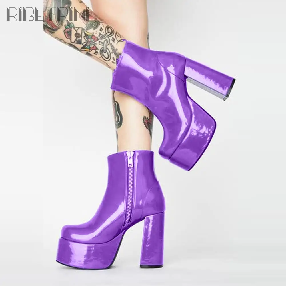 

RIBETRINI Ladies Block Heel Zipper Candy Color Fashion Shoes Round Toe Platform Ankle Women Boots Punk Winter Boots