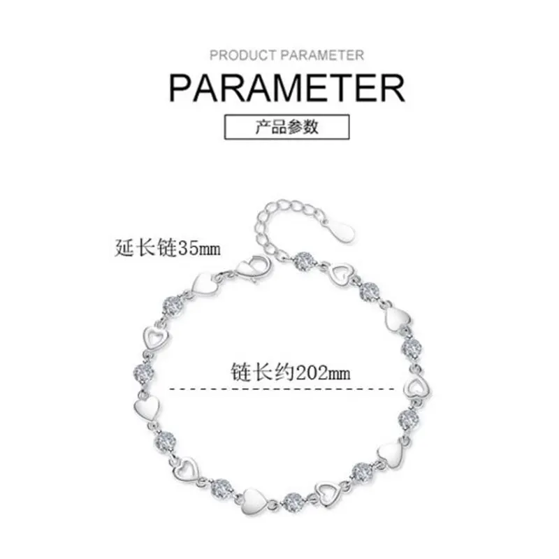 Новые модные 925 пробы серебряные браслеты с сердечками и цирконием для женщин ювелирные изделия с кристаллами pulseira Женская бижутерия femme