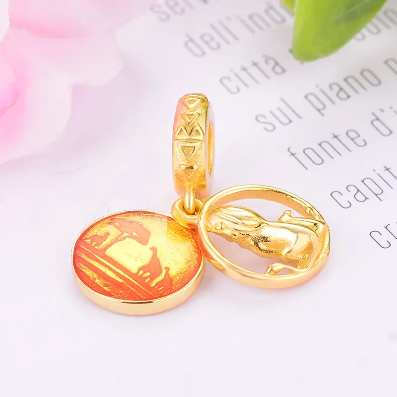 

925 Sterling Silver Gold Color Lion King Mufasha Sunset Sqaure Circle Bead Fit Original Pandora Charm Bracelet Handmade Berloque