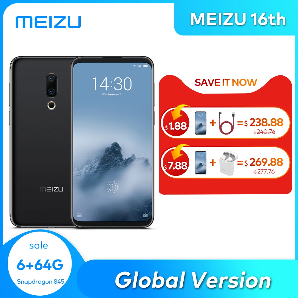 Meizu 16th глобальная версия смартфон 6 + 64 Гб Snapdragon 845 Octa Core Android телефон Dual сзади