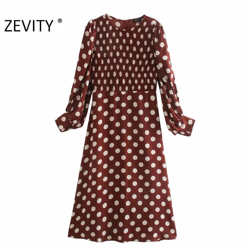 Женское винтажное платье миди Zevity офисное эластичное в горошек с круглым вырезом