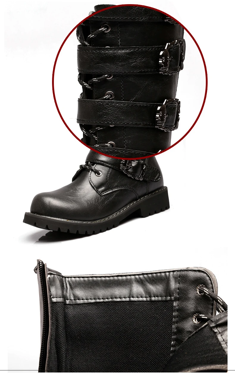 Зимние мужские ботинки в байкерском стиле; коллекция года; модные ботинки до середины икры в стиле панк-рок; обувь в стиле стимпанк; мужские кожаные ботинки черного цвета с высоким берцем и пряжкой; повседневные мужские ботинки