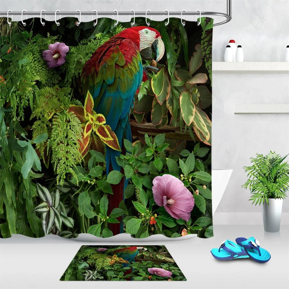 Tropical Jungle Green Plants Parrots Fabric Shower Curtain Hooks Bathroom Mat Tropical Jungle Green Plants Parrots Fabric Shower Curtain Hooks Bathroom Mat