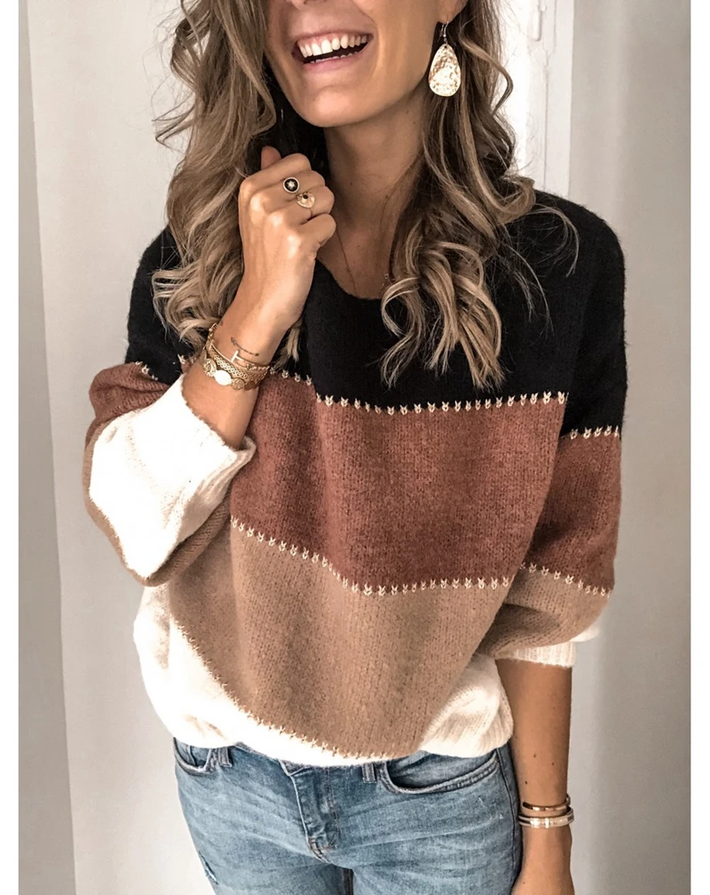 Women Winter jumper Long Sleeve Knitted pull Sweaters Striped Patchwork Autumn Oversize sweater Ladies Casual Loose Pullover