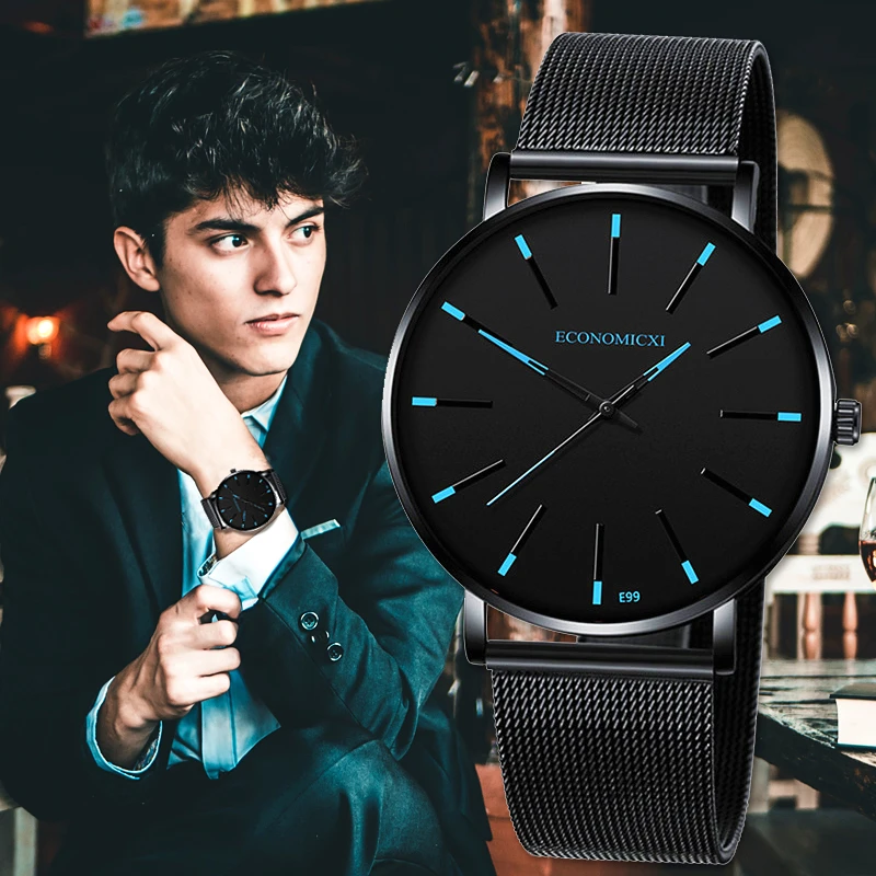 

New Black Men's Watch Quartz Alloy Mesh Multicolor Pointer Frosted Dial Male Business Casual Minimalist Clock erkek kol saati