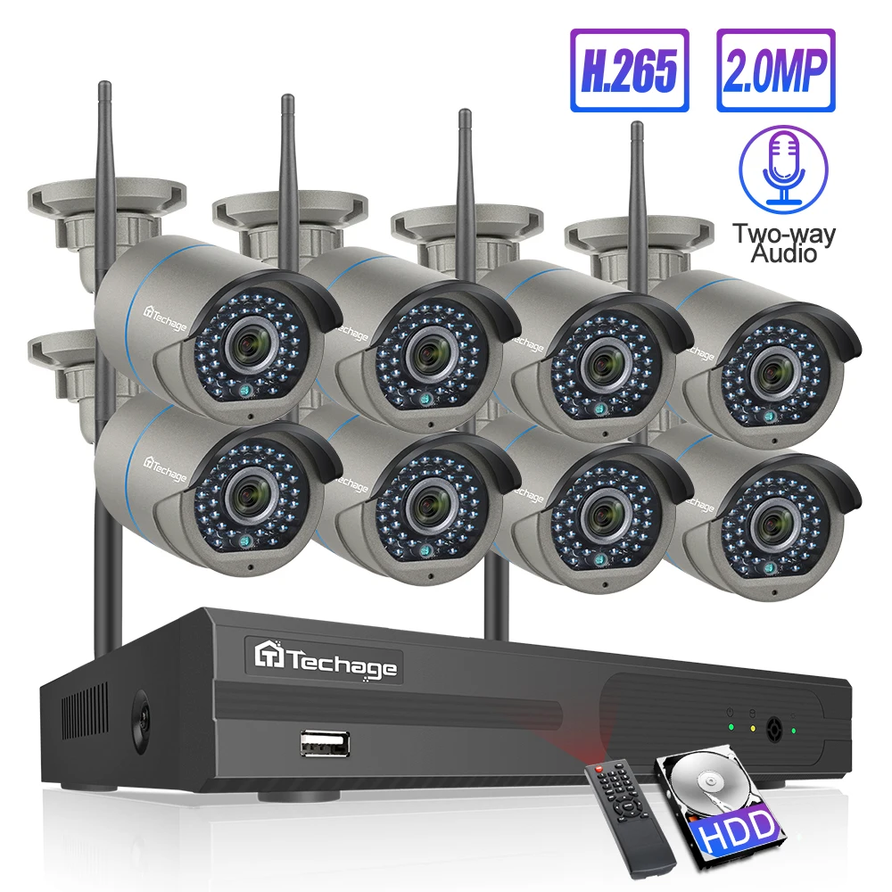 Techage 8CH H.265 Wifi system kamer NVR dwukierunkowy dźwięk bezprzewodowy 4/6/8 Pcs 2MP kamera ip cctv HD P2P zestaw do nadzorowania wideo Techage 8CH H.265 Wifi system kamer NVR dwukierunkowy dźwięk bezprzewodowy 4/6/8 Pcs 2MP kamera ip cctv HD P2P zestaw do nadzorowania wideo